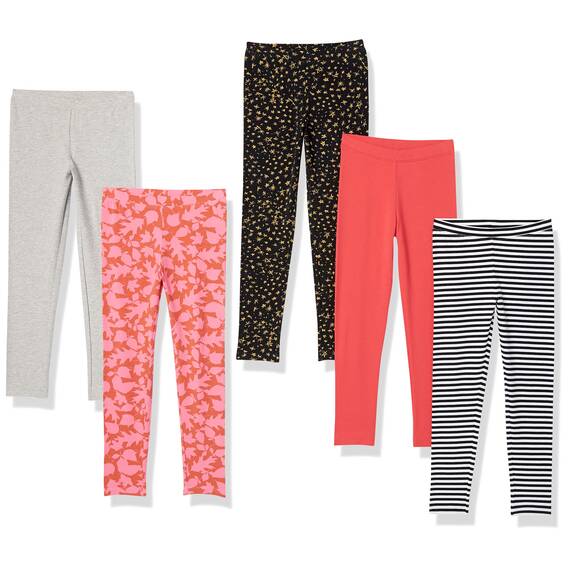 Amazon Essentials Mädchen Leggings, 5er-Pack, Grau/Orange/Pfirsich Blattmuster/Schwarz Sterne/Weiß Streifen, 2 Jahre