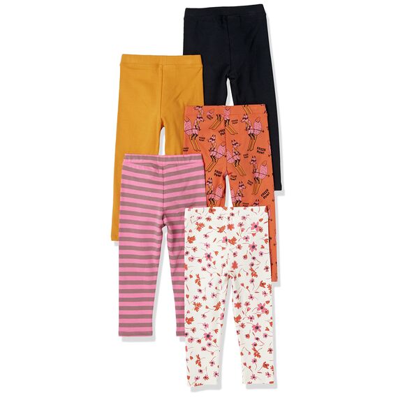 Amazon Essentials Mädchen Leggings, 5er-Pack, Rosa Streifen/Schwarz/Senfgelb/Skiing Foxes/Weiß Floral, 11-12 Jahre