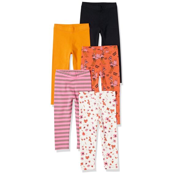 Amazon Essentials Mädchen Leggings, 5er-Pack, Rosa Streifen/Schwarz/Senfgelb/Skiing Foxes/Weiß Floral, 3 Jahre