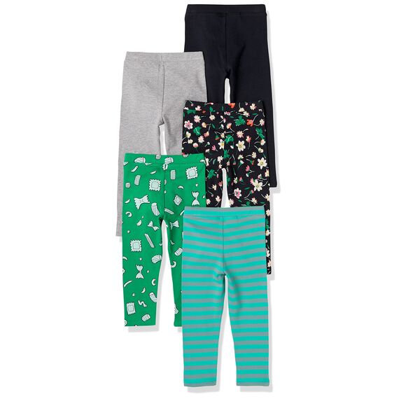 Amazon Essentials Mädchen Leggings, 5er-Pack, Floral/Grau/Grün Bonbon/Schwarz/Türkisblau Streifen, 6-7 Jahre