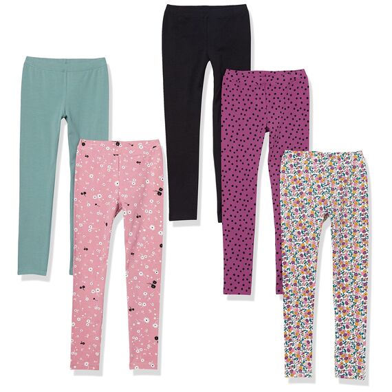 Amazon Essentials Mädchen Leggings, 5er-Pack, Purpur Punkte/Rosa Blumen/Schwarz/Türkisgrün/Weiß Streublumen, 5 Jahre