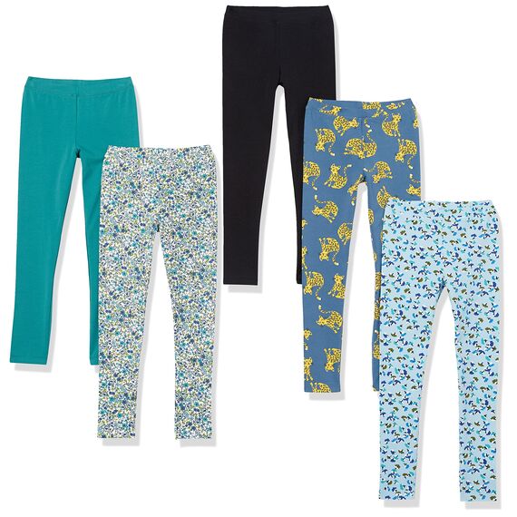 Amazon Essentials Mädchen Leggings, 5er-Pack, Blau Blattmuster/Indigo Große Katzen/Schwarz/Türkisgrün/Weiß Floral, 6-7 Jahre