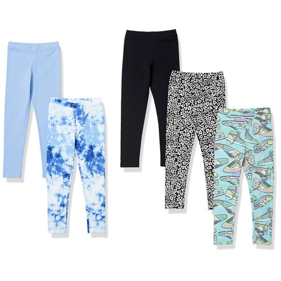 Amazon Essentials Mädchen Leggings, 5er-Pack, Aquablau/Batik/Blau/Herzen/Schwarz, 4 Jahre