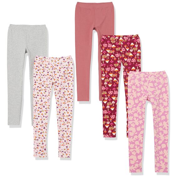 Amazon Essentials Mädchen Leggings, 5er-Pack, Dunkelrosé/Grau/Hellrosa Floral/Rosa Blattmuster/Rot Pilz, 3 Jahre