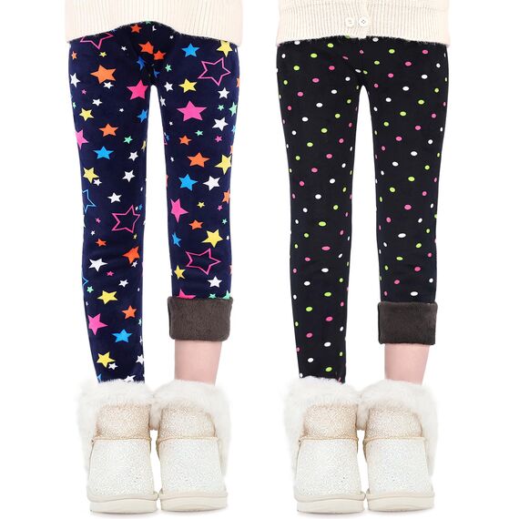 Domee Mädchen Leggings Gefüttert Thermoleggings Winter Warme Hosen 2er-Pack Sterne und Punkte 140-146 (Herstellergröße 150)