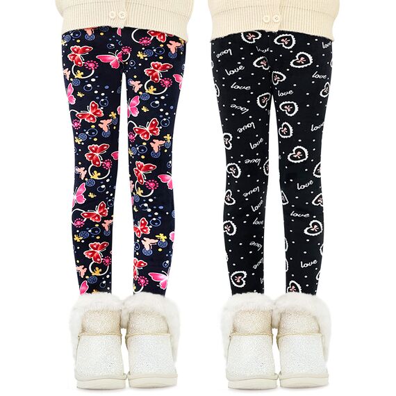 Domee Mädchen Leggings Gefüttert Thermoleggings Winter Warme Hosen 2er-Pack Schmetterlingsdruck 116-122 (Herstellergröße 120)