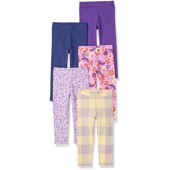 Amazon Essentials Mädchen Leggings, 5er-Pack, Dunkelblau/Gelb Karomuster/Hellviolett Folk Floral/Lila Tulpe/Purpur, 9 Jahre