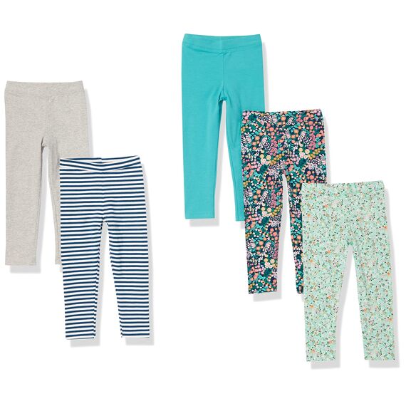 Amazon Essentials Mädchen Leggings, 5er-Pack, Grau/Marineblau Floral/Minzgrün Streublumen/Türkisblau/Weiß Streifen, 5 Jahre