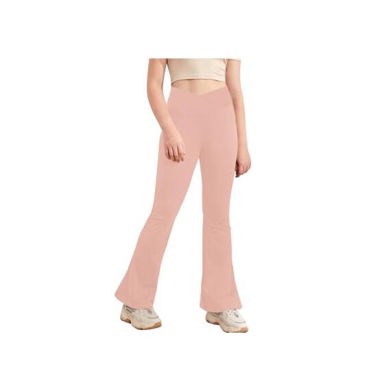 Haloumoning Mädchen Leggings Schlaghosen V Crossover Flared Yogahose Schlag Sporthose Kinder Ausgestellte Hosen für Yoga, Tanz, Laufen Rosa 13-14 Jahre
