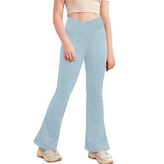 Haloumoning Mädchen Leggings Schlaghosen V Crossover Flared Yogahose Schlag Sporthose Kinder Ausgestellte Hosen für Yoga, Tanz, Laufen Blau 5-6 Jahre