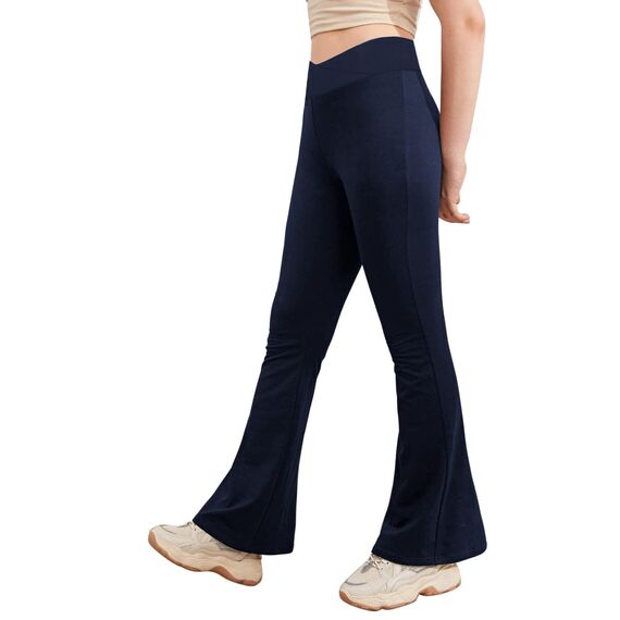 Haloumoning Mädchen Leggings Schlaghosen V Crossover Flared Yogahose Schlag Sporthose Kinder Ausgestellte Hosen für Yoga, Tanz, Laufen Dunkelblau 9-10 Jahre