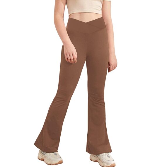 Haloumoning Mädchen Leggings Schlaghosen V Crossover Flared Yogahose Schlag Sporthose Kinder Ausgestellte Hosen für Yoga, Tanz, Laufen Braun 11-12 Jahre