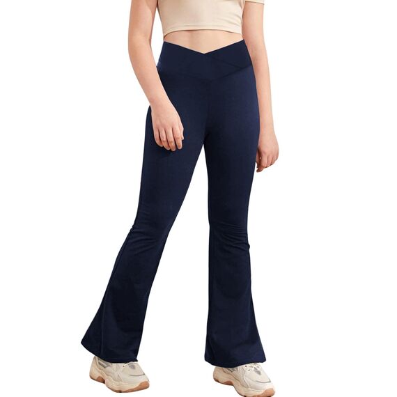Haloumoning Mädchen Leggings Schlaghosen V Crossover Flared Yogahose Schlag Sporthose Kinder Ausgestellte Hosen für Yoga, Tanz, Laufen Dunkelblau 7-8 Jahre