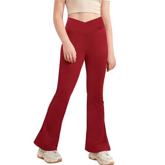 Haloumoning Mädchen Leggings Schlaghosen V Crossover Flared Yogahose Schlag Sporthose Kinder Ausgestellte Hosen für Yoga, Tanz, Laufen Weinrot 13-14 Jahre