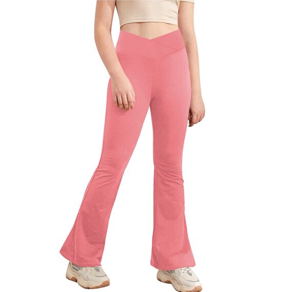 Haloumoning Mädchen Leggings Schlaghosen V Crossover Flared Yogahose Schlag Sporthose Kinder Ausgestellte Hosen für Yoga, Tanz, Laufen Dunkelrosa 13-14 Jahre