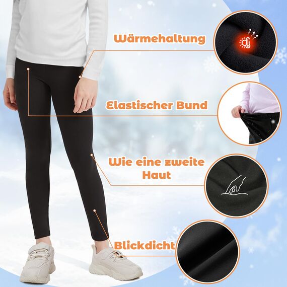 DDOBB 2er Pack Thermo Leggings Mädchen Gefütterte Winter Leggins Mit Fleece Kinder High Waist Thermounterwäsche Dicke Warm Lange Hose für Alltag(Schwarz+Hellgrau, XL=(146-152))