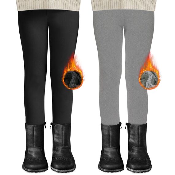 DDOBB 2er Pack Thermo Leggings Mädchen Gefütterte Winter Leggins Mit Fleece Kinder High Waist Thermounterwäsche Dicke Warm Lange Hose für Alltag(Schwarz+Hellgrau, XL=(146-152))