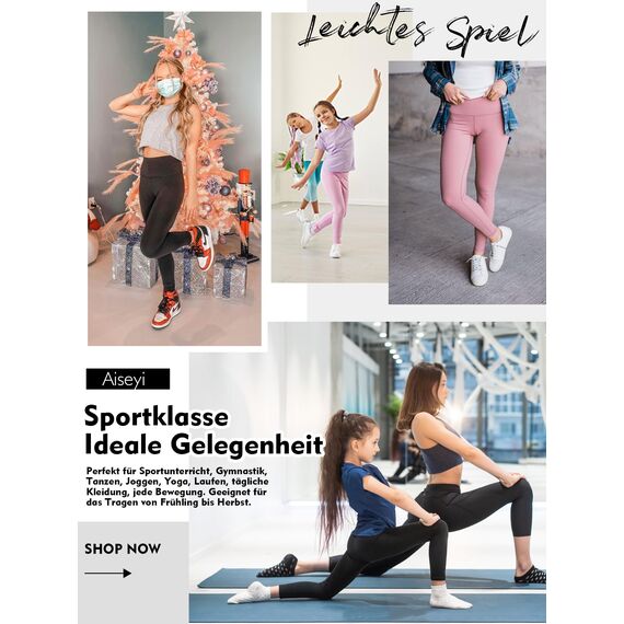 Aiseyi Sportleggins Kinder Mädchen Komfortable Sporthose Sport Leggings Lang Yoga Leggings für Jogging Training Sportunterricht Rosa 120