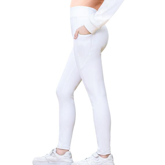 Monbessi Sportleggins Kinder Mädchen mit Handytasche Sporthose Hohe Taille Turnleggins Mädchen Lang für Gym Yoga Gymnastik(120, Weiß)