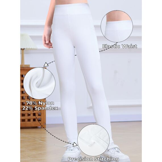 Monbessi Sportleggins Kinder Mädchen mit Handytasche Sporthose Hohe Taille Turnleggins Mädchen Lang für Gym Yoga Gymnastik(130, Weiß)