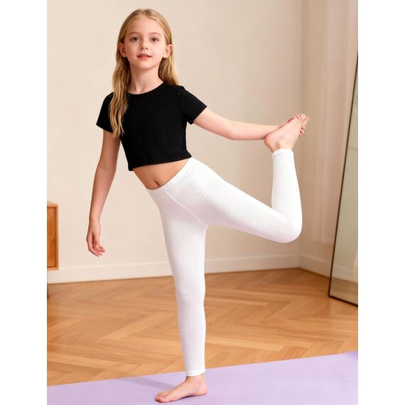 KEREDA Leggings Mädchen Baumwolle Sport Kinder Sportleggings Teenager Lang Hosen Weiß 116-122