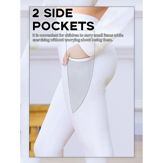 Monbessi Sportleggins Kinder Mädchen mit Handytasche Sporthose Hohe Taille Turnleggins Mädchen Lang für Gym Yoga Gymnastik(130, Weiß)