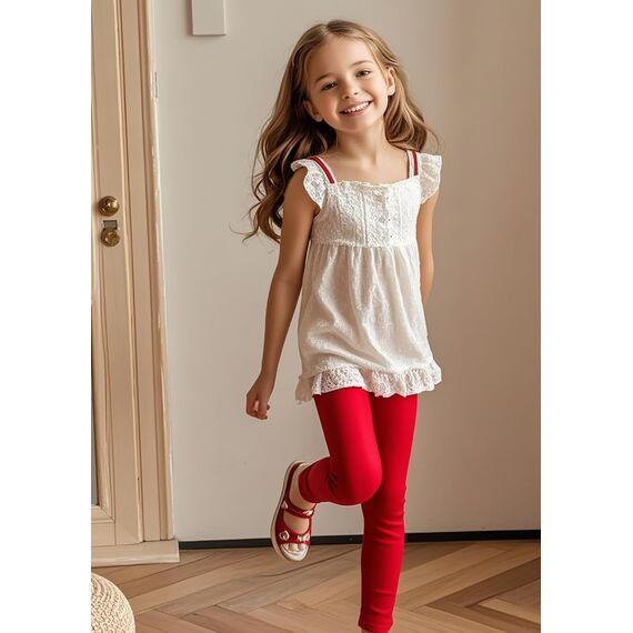 KEREDA Leggings Mädchen Baumwolle Sport Kinder Sportleggings Teenager Lang Hosen Rot 152-158