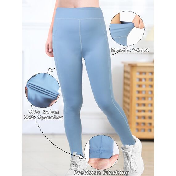 Monbessi Sportleggins Kinder Mädchen mit Handytasche Sporthose Hohe Taille Turnleggins Mädchen Lang für Gym Yoga Gymnastik(160, Blau)