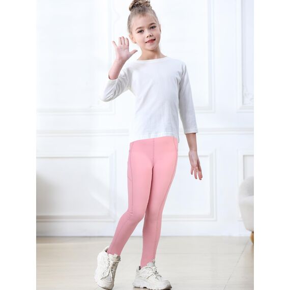 Monbessi Sportleggins Kinder Mädchen mit Handytasche Sporthose Hohe Taille Turnleggins Mädchen Lang für Gym Yoga Gymnastik(160, Rosa)