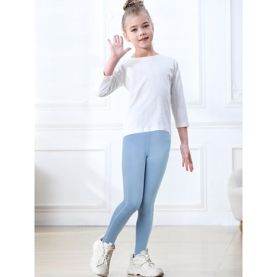 Monbessi Sportleggins Kinder Mädchen mit Handytasche Sporthose Hohe Taille Turnleggins Mädchen Lang für Gym Yoga Gymnastik(140, Blau)