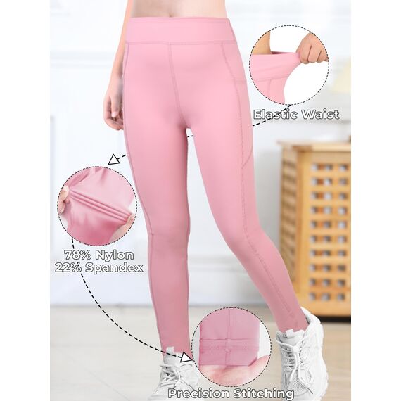 Monbessi Sportleggins Kinder Mädchen mit Handytasche Sporthose Hohe Taille Turnleggins Mädchen Lang für Gym Yoga Gymnastik(120, Rosa)