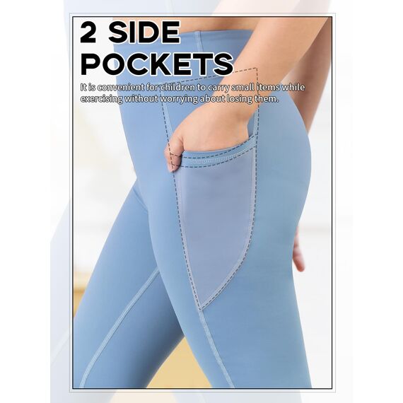 Monbessi Sportleggins Kinder Mädchen mit Handytasche Sporthose Hohe Taille Turnleggins Mädchen Lang für Gym Yoga Gymnastik(140, Blau)