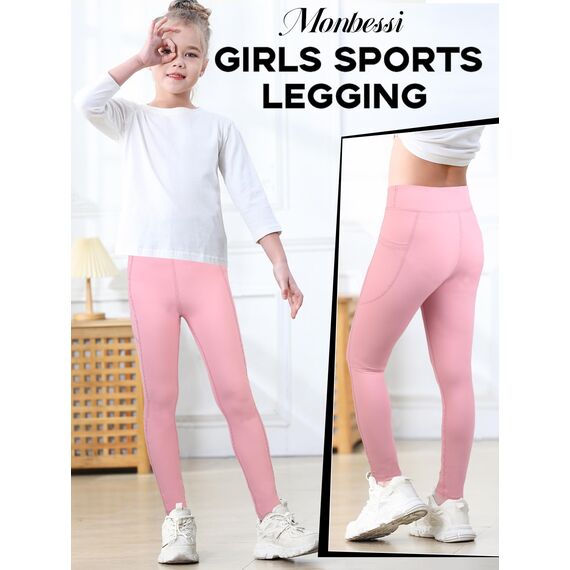 Monbessi Sportleggins Kinder Mädchen mit Handytasche Sporthose Hohe Taille Turnleggins Mädchen Lang für Gym Yoga Gymnastik(160, Rosa)
