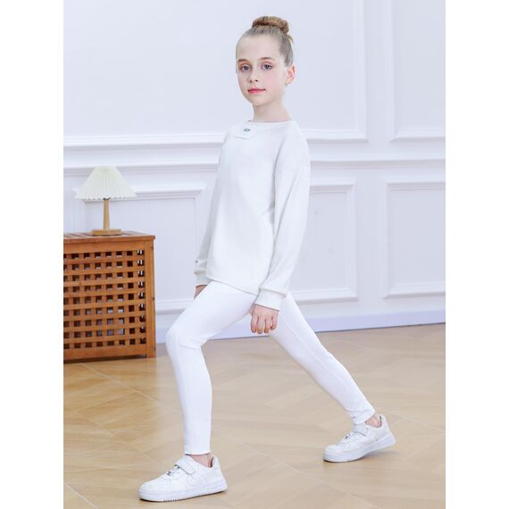Monbessi Sportleggins Kinder Mädchen mit Handytasche Sporthose Hohe Taille Turnleggins Mädchen Lang für Gym Yoga Gymnastik(160, Weiß)