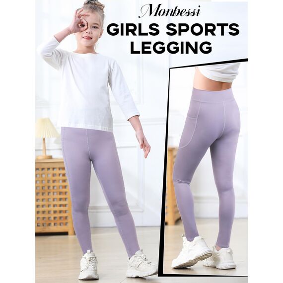 Monbessi Sportleggins Kinder Mädchen mit Handytasche Sporthose Hohe Taille Turnleggins Mädchen Lang für Gym Yoga Gymnastik(150, Lila)