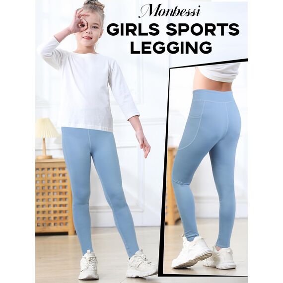 Monbessi Sportleggins Kinder Mädchen mit Handytasche Sporthose Hohe Taille Turnleggins Mädchen Lang für Gym Yoga Gymnastik(140, Blau)