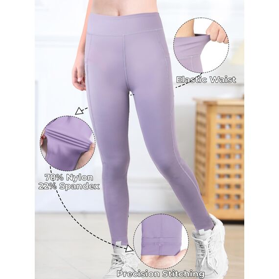 Monbessi Sportleggins Kinder Mädchen mit Handytasche Sporthose Hohe Taille Turnleggins Mädchen Lang für Gym Yoga Gymnastik(150, Lila)