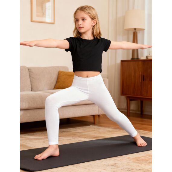 KEREDA Mädchen Leggings Kinder Sporthose Teenager Sport Hosen Lang Baumwolle Weiß 140-146