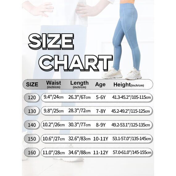 Monbessi Sportleggins Kinder Mädchen mit Handytasche Sporthose Hohe Taille Turnleggins Mädchen Lang für Gym Yoga Gymnastik(160, Blau)