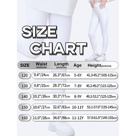 Monbessi Sportleggins Kinder Mädchen mit Handytasche Sporthose Hohe Taille Turnleggins Mädchen Lang für Gym Yoga Gymnastik(120, Weiß)