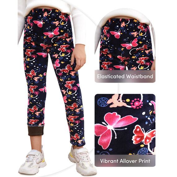 Adorel Mädchen Winter Leggings Gefüttert Warm Bunt Dicke Thermohosen 2er-Pack Schwarz Schleife & Dunkelblau Schmetterling 116 (Herstellergröße 120)