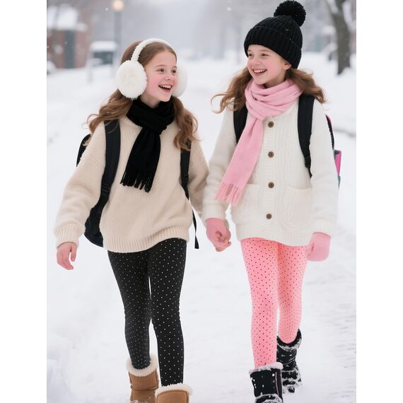 KEREDA Mädchen Leggings Thermo Gefüttert Warme Winter Dicke 2er-Pack,Schwarz Tupfen/Rosa Tupfen,EU 146-152,Manufacturer 160