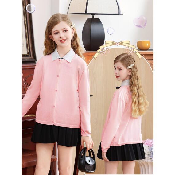 Soudittur Strickjacke Mädchen Basic Kinder Cardigan Lange Ärmel Baumwollstrickpullover Schuluniform mit Knöpfen 140 (DE/NL/SE/PL, Alter, 8 Jahre, 9 Jahre, Regular, Rosa)