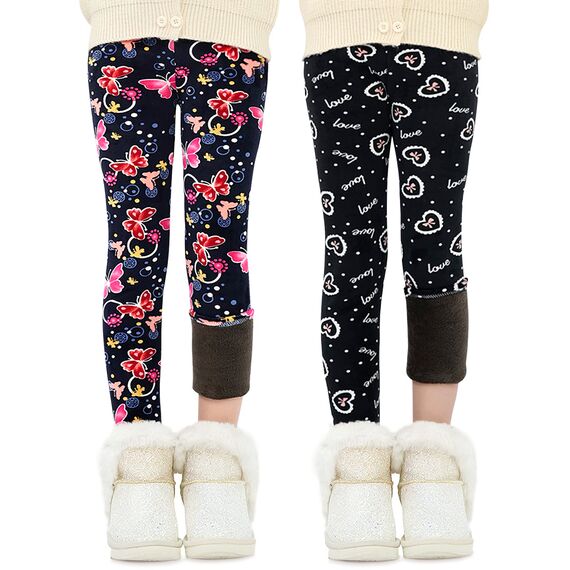 Adorel Mädchen Winter Leggings Gefüttert Warm Bunt Dicke Thermohosen 2er-Pack Schwarz Schleife & Dunkelblau Schmetterling 134-140 (Herstellergröße 140)