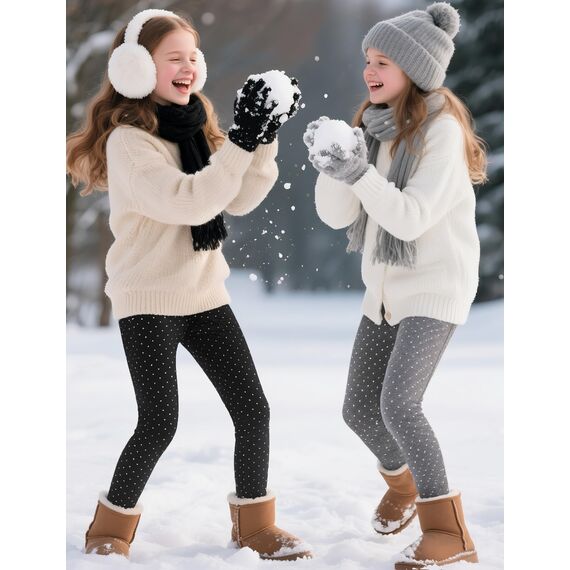 KEREDA Mädchen Leggings Thermo Gefüttert Warme Winter Dicke 2er-Pack,Schwarz Tupfen/Grau Tupfen,EU 128-134,Manufacturer 130