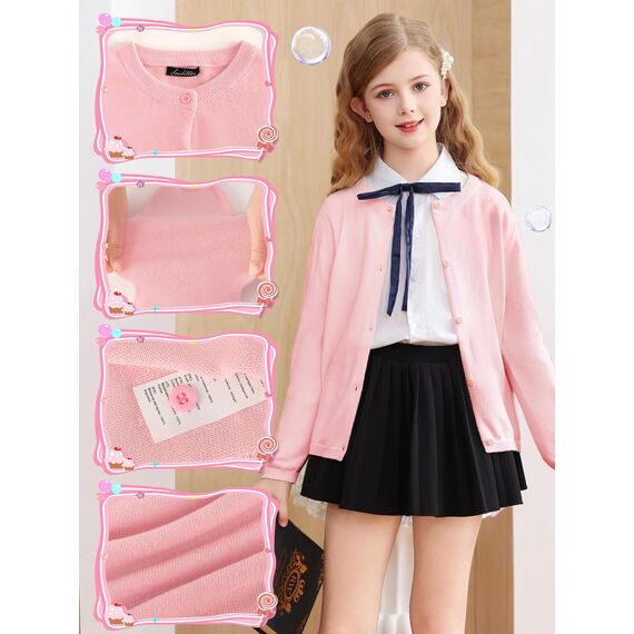 Soudittur Strickjacke Mädchen Basic Kinder Cardigan Lange Ärmel Baumwollstrickpullover Schuluniform mit Knöpfen 140 (DE/NL/SE/PL, Alter, 8 Jahre, 9 Jahre, Regular, Rosa)
