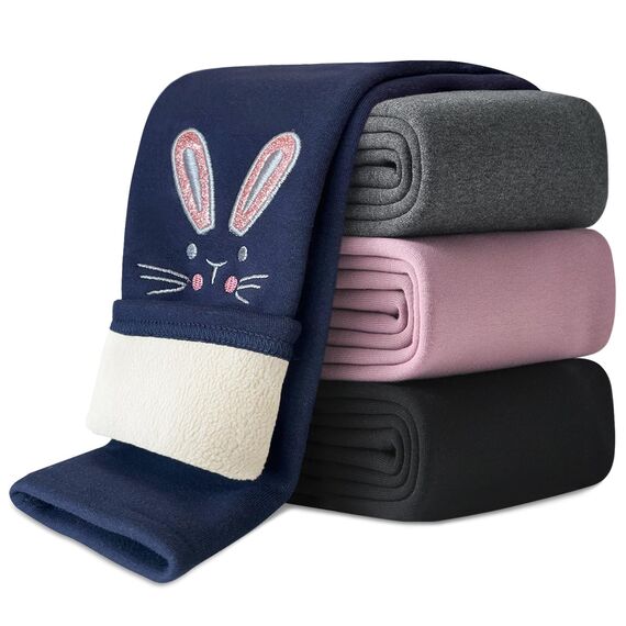 Domee Mädchen Leggings Gefüttert Thermohose Warme Winter Baumwolle Bestickter Hase Dunkelblau 116-122 (Herstellergröße 120)