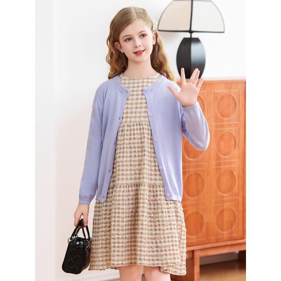 Soudittur Strickjacke Mädchen Basic Kinder Cardigan Lange Ärmel Baumwollstrickpullover Schuluniform mit Knöpfen 120 (DE/NL/SE/PL, Alter, 6 Jahre, 7 Jahre, Regular, Lila)
