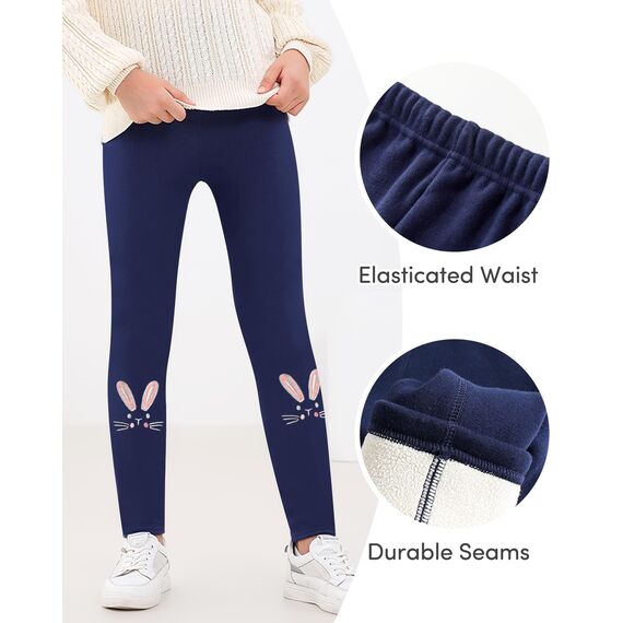Domee Mädchen Leggings Gefüttert Thermohose Warme Winter Baumwolle Bestickter Hase Dunkelblau 116-122 (Herstellergröße 120)