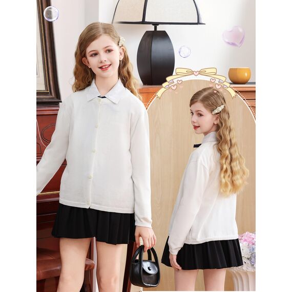 Soudittur Strickjacke Mädchen Basic Kinder Cardigan Lange Ärmel Baumwollstrickpullover Schuluniform mit Knöpfen 140 (DE/NL/SE/PL, Alter, 8 Jahre, 9 Jahre, Regular, Weiß)
